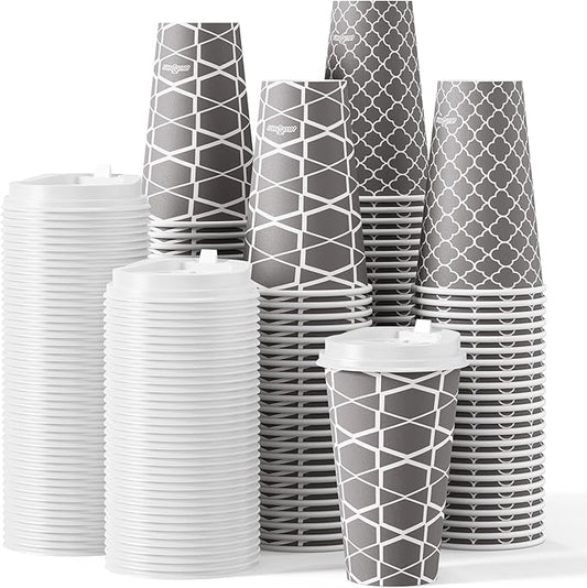JOLLY PARTY Disposable Coffee Cups with Lids -16 oz (100 Sets) To Go Cups, Paper Coffee Cups for Beverages Espresso Tea, Suitable for Cafes, Offices and Home
