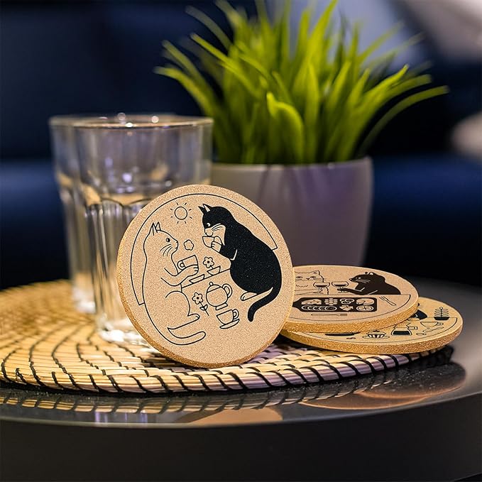 Coasters for Drinks with Holder Set of 6, Cat Cork Coaster Absorbent for Office Desk Table Coasters Kitchen Decor House Warming Gifts for New Home Couples, Round 4"
