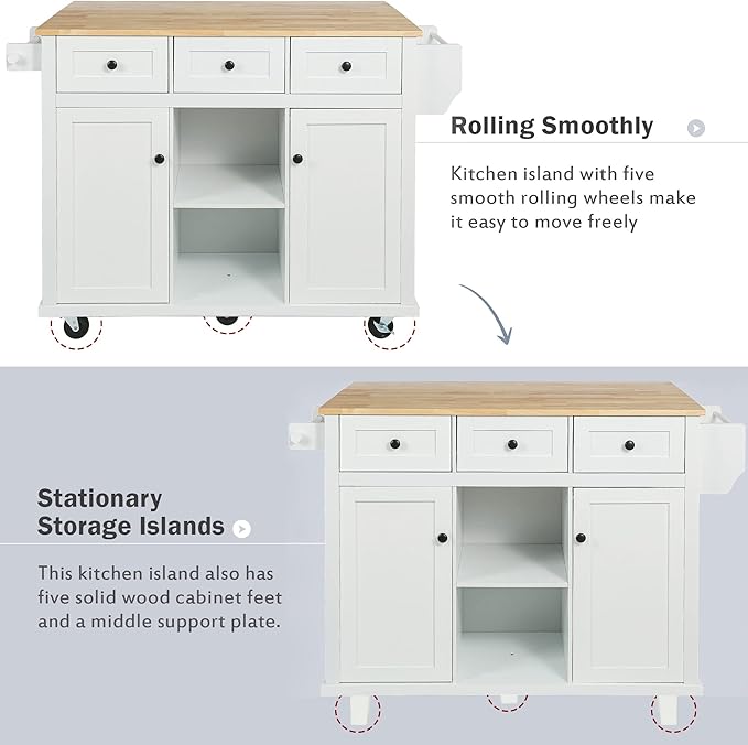 Yayzy Rolling Kitchen Island with 2 Bar Stools, Drop Leaf, Cabinet Door Storage Racks & 3 Drawers, Mobile Kitchen Cart with Rubberwood Top & Locking Wheels for Dining Room & Kitchen, 53-Inch, White