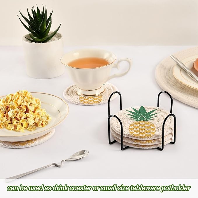 Pineapple Golden Tropical Gold Drink Coasters Set of 6 with Holder - Absorbent Decorative Bar Coasters for Coffee Table Protection
