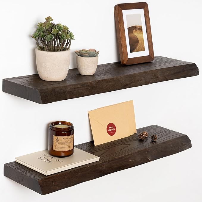 24 Inch Live Edge Floating Shelves for Wall 2 Pack Shelves for Bedroom, Bathroom, Kitchen, Wall Mounted Rustic Solid Elm Wood Floating Shelf with Invisible Bracket for Books, Decor, Storage, Walnut
