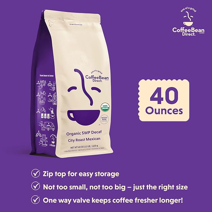 Coffee Bean Direct Organic SWP Decaf City Roast Mexican, Whole Bean Coffee, Medium Roast, 2.5 Pound Bag (Pack of 1)