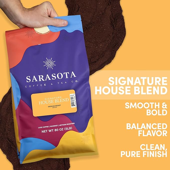 Sarasota Coffee Ground Signature House Breakfast Blend | Medium Roast Gourmet Coffee Grounds | Low Acid, Mold Free, Specialty Grade Bulk Ground | 5lb (80 oz)