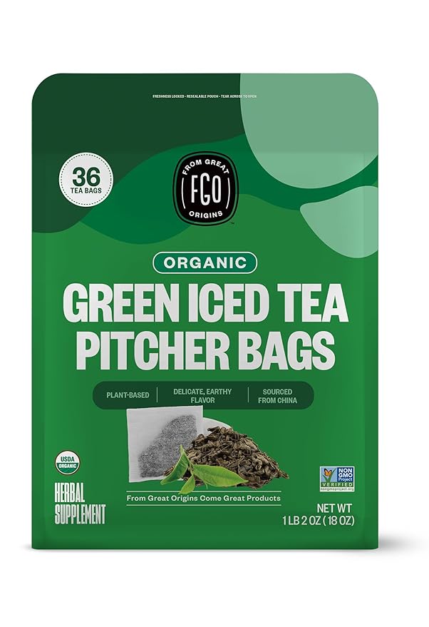 FGO Organic Green Iced Tea, 36 Eco-Conscious Pitcher Sized Tea Bags, Packaging May Vary (Pack of 1)