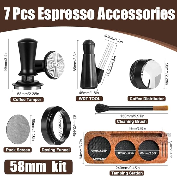 7 PCS Espresso Accessories Kit, Espresso Tamping Station, Coffee Tamper, Coffee Distributor, WDT Tool, Puck Screen, Dosing Funnel, Cleaning Brush, Barista Tools Set (58mm)