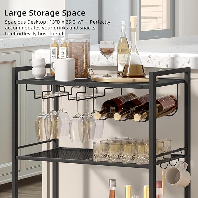 Bar Cart, Home Bar Serving Cart with 3-Tier Shelf,Microwave Cart with Lockable Wheels,Mobile Kitchen Shelf,Rolling Beverage Cart with Wine Rack and Glass Holder for Kitchen,Dinning Room,Black