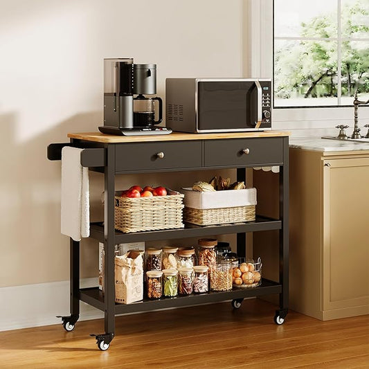 Gizoon Kitchen Island Cart with Storage, 40’’ Wooden Top, 2 Tiers Spacious Shelves and Towel Bar, 2 Drawer Mobile Trolley Cart On Metal Wheels with Hooks for Dining Room, Bar, Outdoor, Black