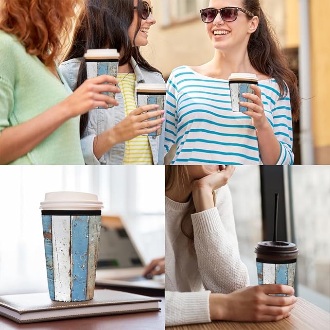 Rustic Beach Wooden Iced Coffee Sleeve for Cold Drink Cups, Reusable Neoprene Insulated Drink Sleeves Cup Cover for Beverages, Fits 32 oz
