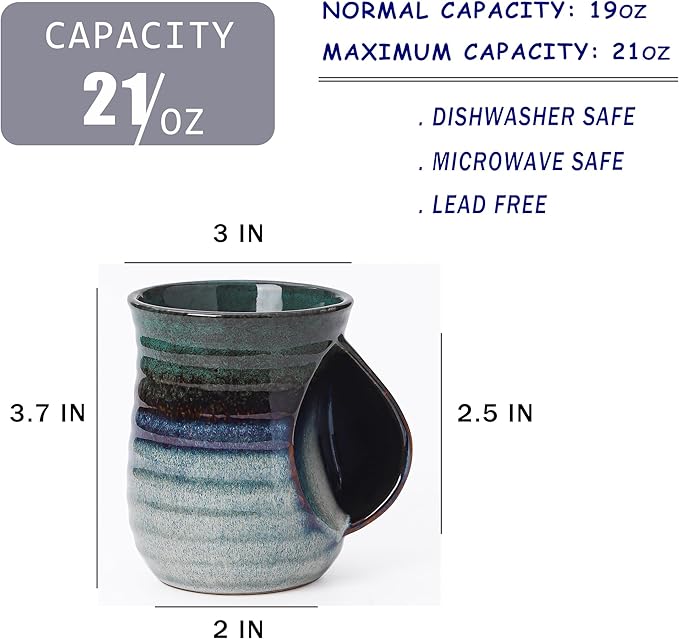 Mkour 21oz Large Ceramic Coffee Mugs, Handmade Tea Cups with Comfortable Handle for Office and Home, Microwave and Dishwasher Safe (Ink Green)