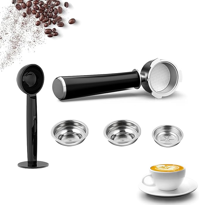 51mm Coffee Espresso Portafilter/Espresso Machine Holder, 3 ears, Double Spouts, with Single + Double Filter Baskets, Black Handle, Stainless Steel Filter Cup Holder