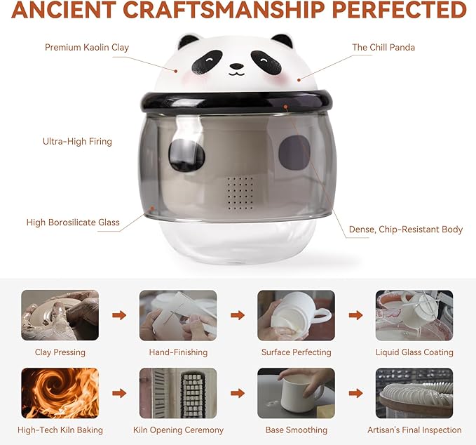 Panda Tea Cup with Infuser and Lid 10oz - Double-Wall Glass Mug with Ceramic Components, Cute Animal Design Loose Leaf Tea Gift for Birthday & Anniversary