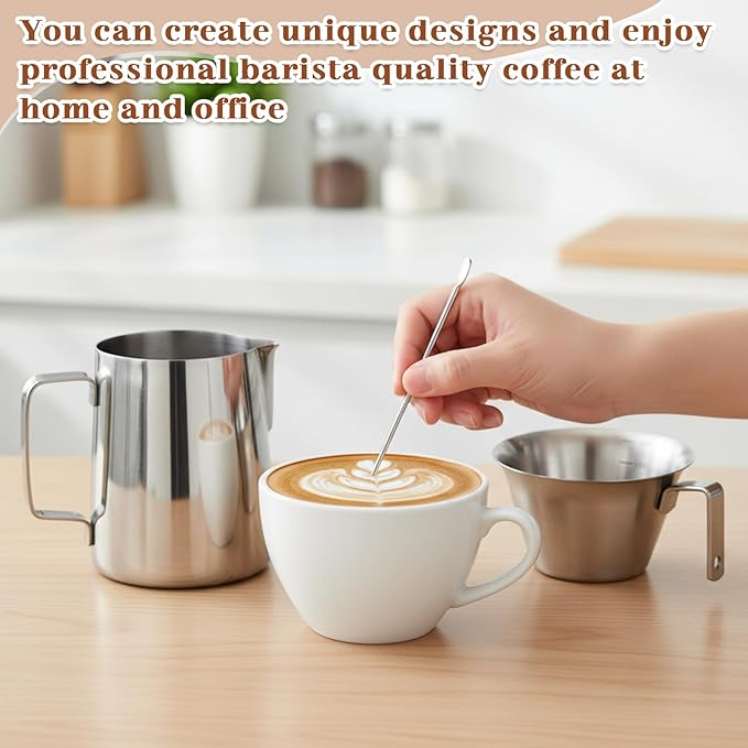 4 Pcs Espresso Accessories Kit with Espresso Cups with Handle, Milk Frothing Pitcher and Latte Art Pen Stainless Steel Cappuccino Machine Accessories for Coffee Bar (Silver,250ml, 600ml)