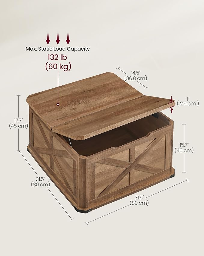 VASAGLE LIRY Collection - Farmhouse Coffee Table with Storage, Square Center Coffee Table for Living Room, with Hidden Compartment, Flip-Top Lids, Honey Brown ULCT232K41