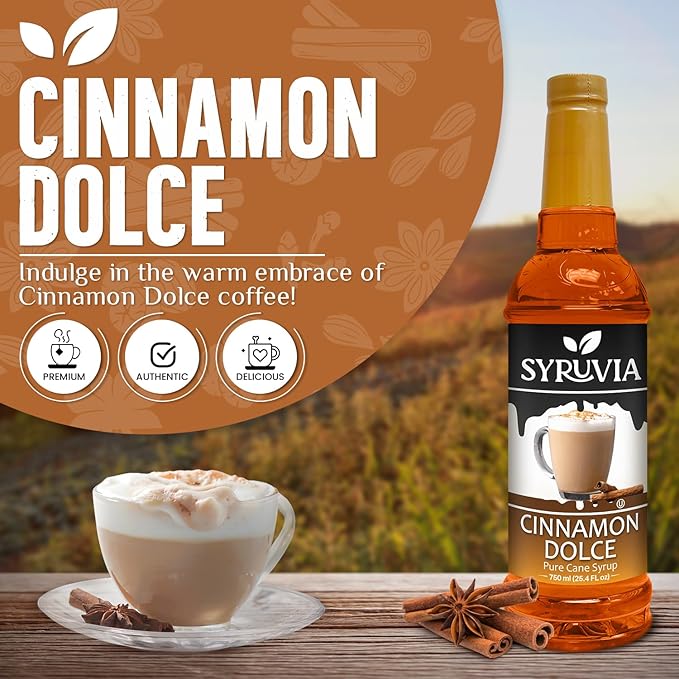 Syruvia Coffee Syrup, Cinnamon Dolce Flavored Syrup for Drinks, Lattes, and Desserts – 25.4 fl oz, With Pump