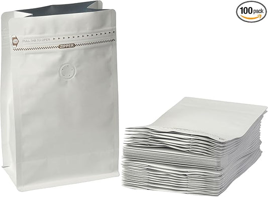 White Kraft Coffee Bags with Side Gusset, Resealable Stand-Up Coffee Pouches with Side Zipper, Degassing Valve for Coffee (Size: 3.75 x 7.25", 4oz/0.25lb, Pack of 100)