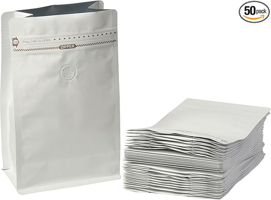 White Kraft Coffee Bags with Side Gusset, Resealable Stand-Up Coffee Pouches with Side Zipper, Degassing Valve for Coffee (Size: 5 x 7.75", 8oz/0.5lb, Pack of 50)