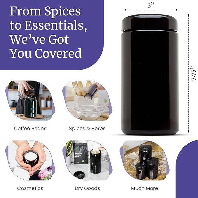 Infinity Jars, 1 L (34 fl oz) Pack 5, Premium Airtight Ultraviolet Glass Jar Smell Proof, Antistatic, Light Blocking Container for Herbs, Coffee, Tea & Spices Durable, Travel-Friendly Storage