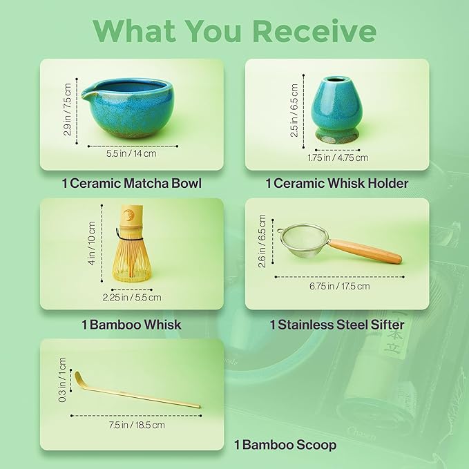 Whisk Set | 5-Piece Japanese Matcha Kit with Bamboo Whisk, Ceramic Bowl with Spout, Sifter & Scoop | Complete Matcha Tea Set for Smooth Frothy Tea | Tea Gift Set for Festivals