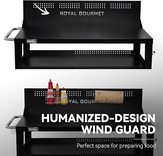 Royal Gourmet PC4401B 3-Tier Dining Cart with Wind Guard, Sturdy Structure and Ample Storage Shelves, for Indoor & Outdoor use，with Bottle Opener, Hooks, Wine Rack, Multifunctional Side Handle, Black