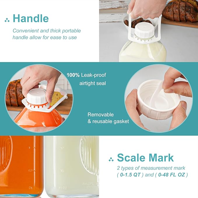 3 Pack 64 Oz Heavy Duty Glass Milk Bottle with 2 Silicone Spouts, 4 Handles and 4 Reusable Airtight SCREW LIDS, 2 Qt Glass Water Bottle with 2 Exact Scale Lines - Milk & Juice Jug Pitcher