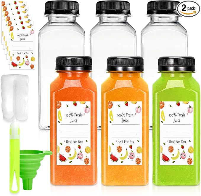 Juice Bottles - 12oz Bottles with Lids, 6 pcs Plastic Juice Containers with Caps Reusable Drink Containers for Juice Milk Coffee Water Smoothie and Other Beverages Christmas gifts