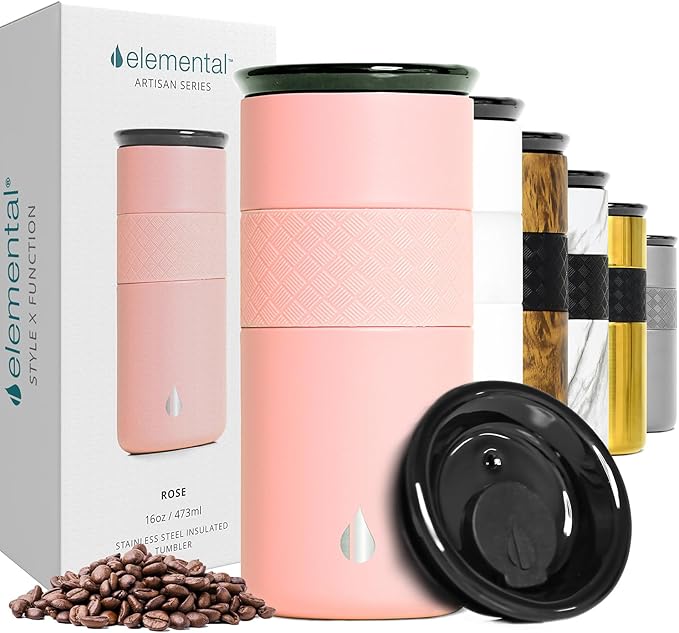Elemental Artisan Insulated Tumbler, Triple Wall Coffee Travel Mug, Reusable Stainless Steel Coffee Tumbler with Ceramic Lid, Thermal Coffee Cups for Hot (6 Hrs) & Cold (18 Hrs), 16oz - Rose Pink