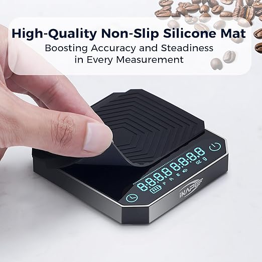 IKAPE Mini Digital Coffee Scale with Timer, 2kg/0.1g Precision, Rechargeable, Drip Espresso & Pour-Over, Tare Function, LED Display (Deep Black)