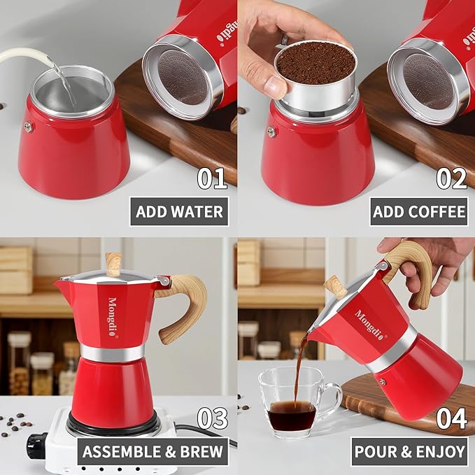 Mongdio Stovetop Espresso Maker Moka Pot, Cuban Coffee Maker Stove top coffee maker Moka Italian Espresso Greca Coffee Maker Brewer Percolator, 6 Espresso Cups, 10 oz - Red