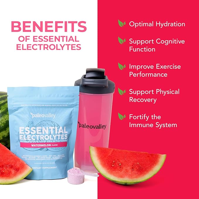 Paleovalley Essential Electrolytes Powder - Full Spectrum Watermelon Electrolyte Powder for Hydration, Energy and Muscle Recovery - No Sugar Added - 30 Servings
