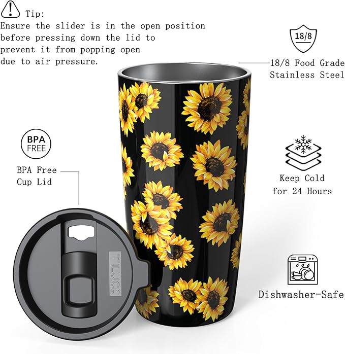 TILUCK 20 oz Tumbler with Lid, Vacuum Insulated Stainless Steel Coffee Mug, Double-Walled Travel Tumbler for Hot and Cold Drinks(SunFlower, 20oz)