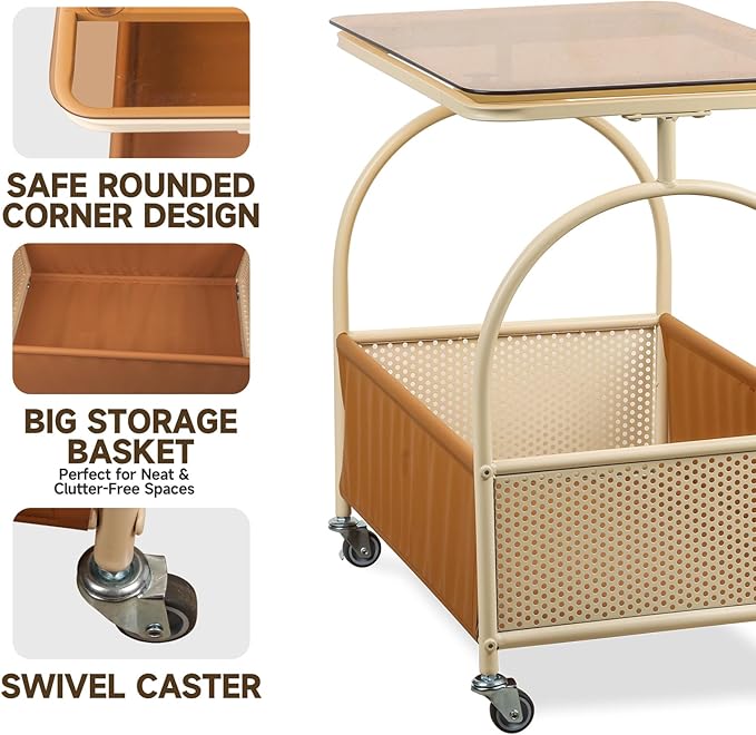 D&H FURNIMMT 2-Tier Rolling Side Table with Glass Top Storage Basket Mobile End Table/Coffee Table with Wheels for Living Room, Bedroom, Kitchen, Balcony Brown & White(22" x 14" x 21")