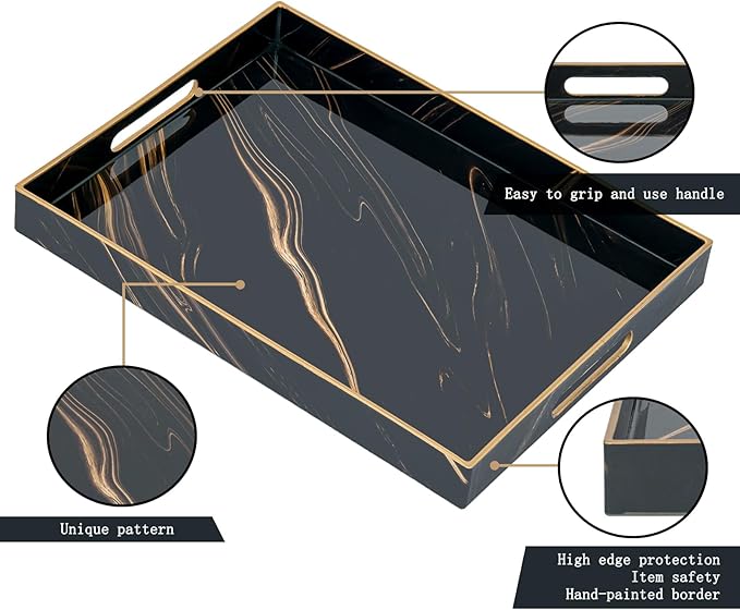 Set of 2 Serving Tray,Plastic Marble Coffee Table Tray 18.9"x13.7"x1.6"/15.7"x11.8"x1.6" Food Trays for Eating on Lap Coffee Tray with Handles Rectangular Decorative Trays,Tea Trays for Serving