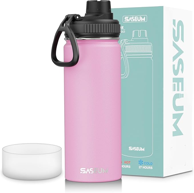 SASEUM Sport Water Bottle 18oz Stainless Steel Double Wall Vacuum Thermal Mug with Leak Proof Spout Lids, Wide Mouth Metal Insulated Water Jug for Gym and Travel（Pink）