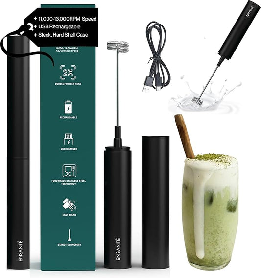 ENSANTE Ultra Fast Electric Milk Frother Wand, 13,000RPM Immersion Blender Rechargeable Frother for Protein Powder, Cold Foam, Travel Frother Handheld with Case, Matcha Whisk, Coffee Stirrers Electric