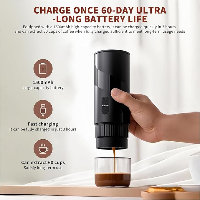 2 in 1 Portable Electric Coffee Maker None Self-heating, 20-Bar Travel Coffee Maker, Portable Espresso Machine for Car, Camping, Office, Compatible with Coffee Powder and Nespresso Capsule