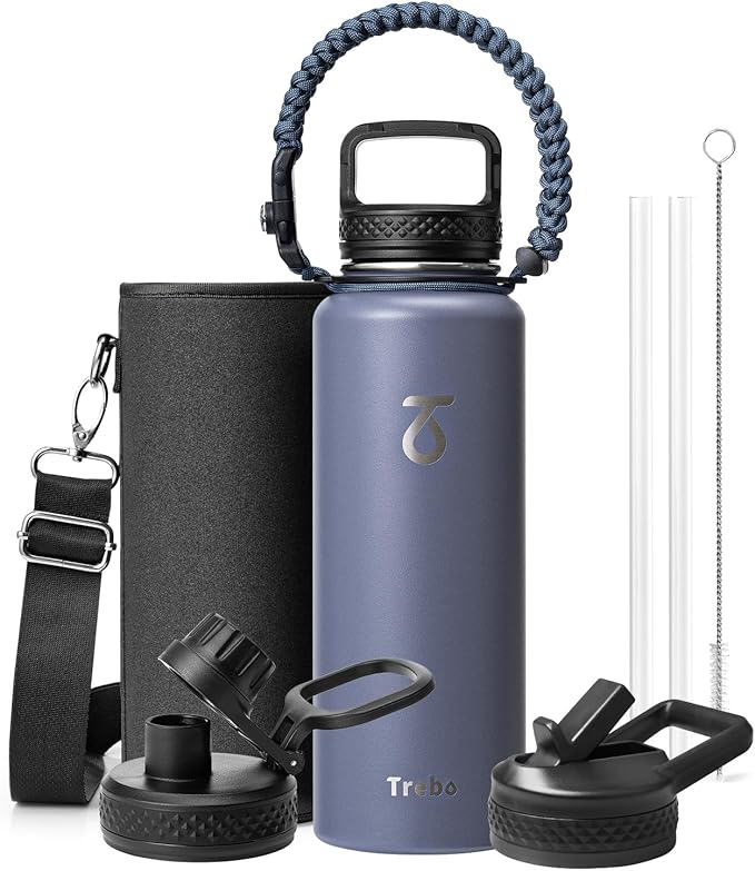 Trebo Water Bottle 40oz with Paracord Handle, Half Gallon Large Vacuum Double Wall Stainless Steel Insulated Water Jug with Holder Strap Straw Spout Lids, Leakproof Keep Cold & Hot, Grayish purple