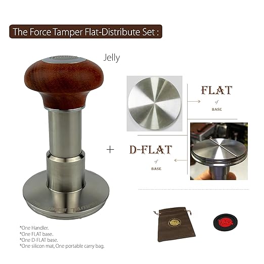 The Force Tamper Automatic Impact Adjustable Constant Pressure and Autoleveling Coffee Tamper Reddish Brown Jellyfish Wooden Handle Set Pro (Flat-Distribute Set, 58.35mm)