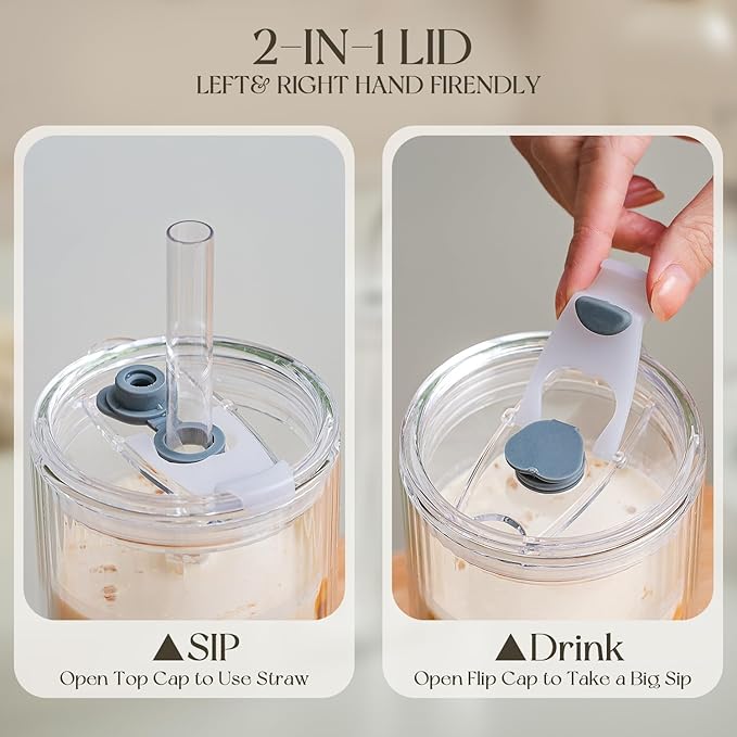 KEMORELA 28 oz Double Wall Glass Tumblers Set of 2, Extra-Wide 13mm Reusable Glass Drinking Straws, Boba Tumbler, Wide-Mouth Water Cups for Iced Coffee, Smoothies, Boba & Tea Lovers (Ribbed)