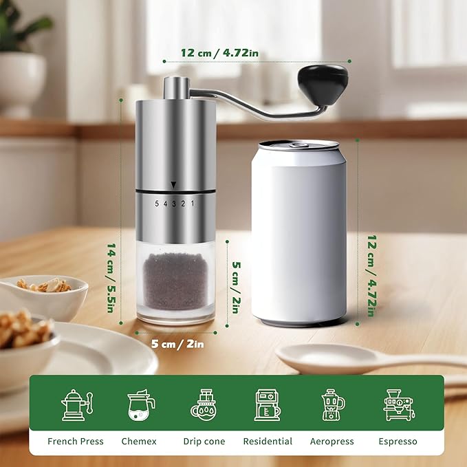 Manual Coffee Grinder With Ceramics Burr for Espresso,French Press,5 Adjustable Settings,Hand Coffee Grinder,For Home Use and Camping Travel,Coffee Bean Grinders With Hand Crank (Silvery)