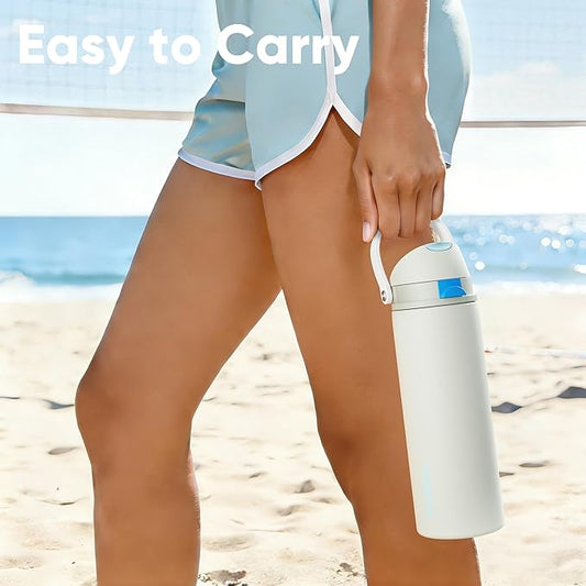 Insulated Water Bottle with Straw - Encool Stainless Steel Water Bottle with Push Button Lid, Leak-Proof & BPA-Free, Keeps Cold for 24 Hours for Sports, Travel, Gym (32 oz, Kangaroo Grey)