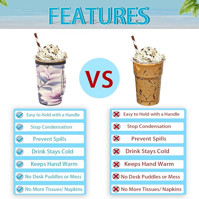 Reusable Iced Coffee Cup Sleeve Flowers Leaf Neoprene Insulated Sleeves Cup Holder with handle Idea for 30oz - 32oz