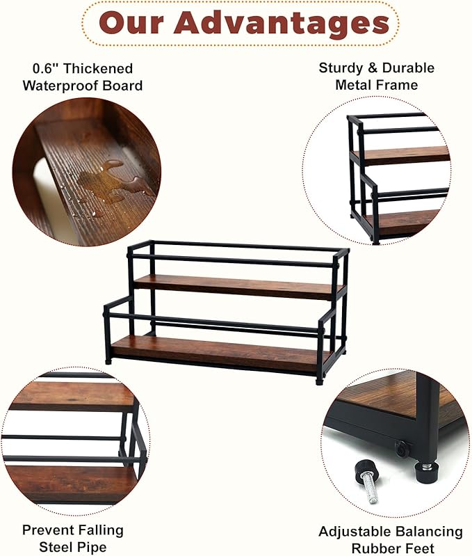 HRUSGO Coffee Syrup Rack Organizer - Metal Bottle Holder for 10 Bottles – Rustic Countertop Display Shelf for Coffee Bar, Kitchen Cabinet, Pantry Storage for Syrups, Liquor, Spice, Tea & Wine (2-Tier)