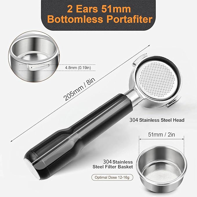 51mm Bottomless Portafilter Compatible for Delonghi ECP3420/ECP3120/EC155/BCO430/EC260 with Stainless Steel Double Shot Capacity Cup Filter Basket, 2 Ears