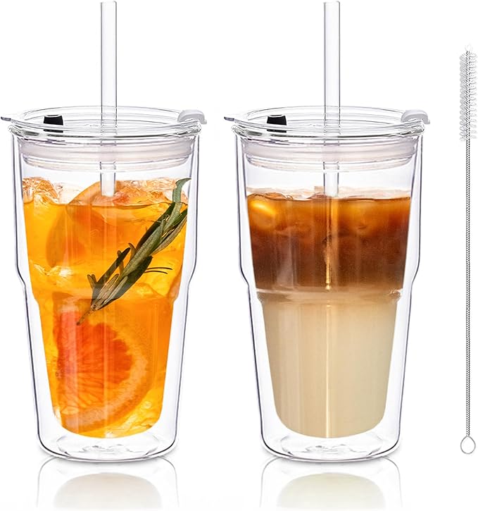 KEMORELA 16oz Clear Glass tumbler with Lids and Straws 2pcs,Double Wall Iced Coffee Cups with Lids,Coffee Bar Accessories, Insulated Borosilicate Glass Tumblers, To Go Coffee Cups, Spill proof