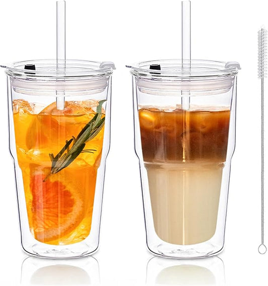KEMORELA 16oz Clear Glass tumbler with Lids and Straws 2pcs,Double Wall Iced Coffee Cups with Lids,Coffee Bar Accessories, Insulated Borosilicate Glass Tumblers, To Go Coffee Cups, Spill proof