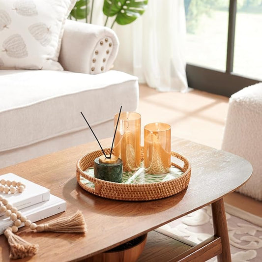 YANGQIHOME Round Rattan Tray with Handle, Mother of Pearl Inlay Decorative Wicker Basket for Coffee, Bread, Fruits, Serving Tray for Home Decor, 11.8 inch