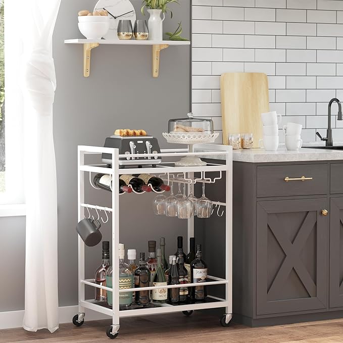 TUTOTAK Bar Cart, Serving Cart for Home, Microwave Cart, Drink Cart, Mobile Kitchen Shelf with Wine Rack and Glass Holder, Rolling Beverage Cart, White BC01BW031