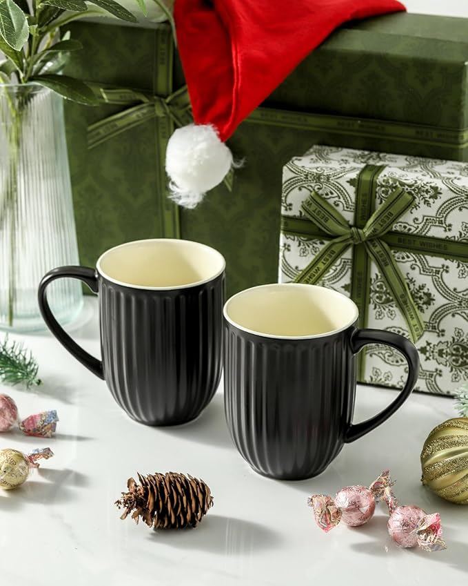 HASENSE Coffee Mugs Set of 6, 16 Oz Large Ceramic Ribbed Latte Cups with Big Handle for Coffee, Tea and Cocoa, Modern Design & Light Weight, Microwave & Dishwasher Safe, Black
