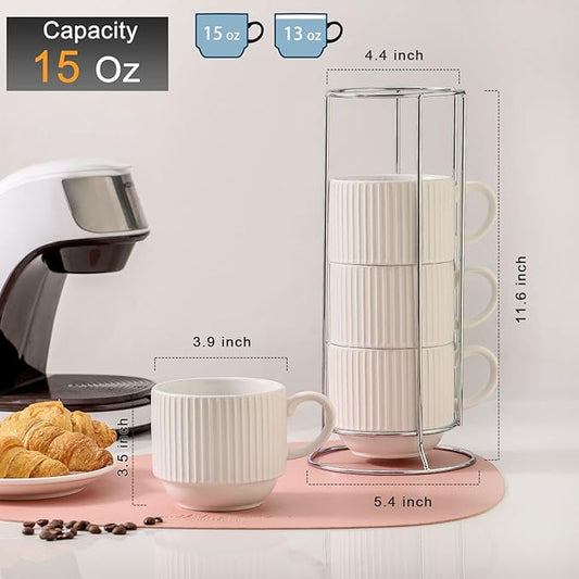 HASENSE Coffee Cups Set of 4 with Stand, 15 OZ Stackable Coffee Mugs with Handle for Tea, Cocoa, Cappuccino, Latte and Americano, Porcelain Vertical Stripe Coffee Cups for Men and Women, Pure White
