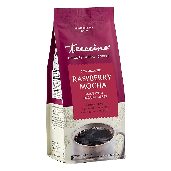 Teeccino Raspberry Mocha Chicory Coffee Alternative - 11 Ounce - Ground Herbal Coffee That’s Prebiotic, Caffeine Free & Acid Free, Dark Roast, (Pack of 3)
